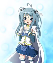  ahoge alternate_hair_length alternate_hairstyle blue_eyes blue_hair blush cap gloves hair_ribbon long_hair magical_girl mahou_shoujo_madoka_magica miki_sayaka ribbon sakuraebi_chima skirt solo thigh-highs thighhighs white_legwear 