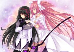  akemi_homura bad_id black_hair boots bow_(weapon) cleavage_cutout closed_eyes dress eyes_closed gloves goddess_madoka hair_ribbon kaname_madoka kawano_sesera long_hair mahou_shoujo_madoka_magica multiple_girls pantyhose pink_hair ribbon spoilers thigh_boots thighhighs twintails ultimate_madoka weapon 