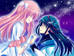  akemi_homura asame black_hair bow closed_eyes dress eyes_closed gloves goddess_madoka hair_bow hair_ribbon hairband kaname_madoka long_hair magical_girl mahou_shoujo_madoka_magica multiple_girls pink_hair ribbon spoilers ultimate_madoka 