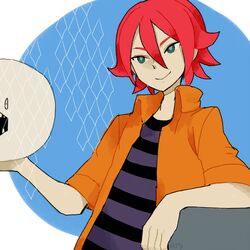  ball green_eyes inazuma_eleven inazuma_eleven_(series) kiyama_hiroto l_hakase red_hair redhead shirt short_hair smile striped striped_shirt 
