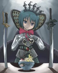  blue_eyes blue_hair bowl cape h.n.elly_(kirsten) mahou_shoujo_madoka_magica mermaid miki_sayaka monster_girl neri_gozu oktavia_von_seckendorff rice spoilers sword television weapon wide_face wideface |_| 