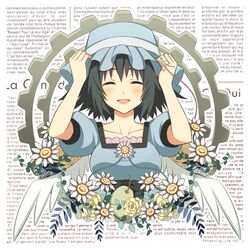  black_hair dress flower hat highres holding holding_hat shiina_mayuri short_hair steins;gate wings 