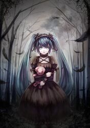  aqua_eyes aqua_hair black_dress bryanth dress feathers gothic_lolita hairband hatsune_miku highres lolita_fashion long_hair ribbon solo stuffed_animal stuffed_toy teddy_bear twintails vocaloid 