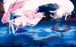  alternate_hairstyle angel_wings armor blue_hair gauntlets gloves goddess_madoka hug kaname_madoka long_hair magical_girl mahou_shoujo_madoka_magica mermaid miki_sayaka monster_girl multiple_girls oktavia_von_seckendorff pink_hair scabbard sheath short_hair spoilers sword tandemu ultimate_madoka water weapon wings yellow_eyes 