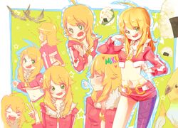  ahoge belt bird blonde_hair chibi expressions food green_eyes hoshii_miki idolmaster jacket long_hair midriff navel onigiri open_mouth pantyhose pout rice saliva shorts smile solo ssberit v 