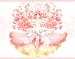  akiiyuuri flower gloves goddess_madoka kaname_madoka long_hair mahou_shoujo_madoka_magica pink_hair solo spoilers thigh-highs thighhighs twintails ultimate_madoka wings yellow_eyes 