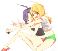  ahoge blonde_hair food green_eyes hoshii_miki idolmaster kikuchi_makoto long_hair midriff multiple_girls navel onigiri open_mouth rice saliva shorts ssberit 