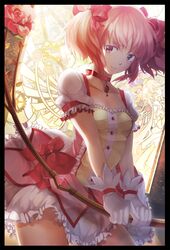  border bow bow_(weapon) choker dress flower gloves goddess_madoka hair_bow jewelry kaname_madoka light_smile magical_girl mahou_shoujo_madoka_magica pendant pink_eyes pink_hair rose short_twinails short_twintails smile solo spoilers stained_glass taccomm twintails ultimate_madoka weapon 