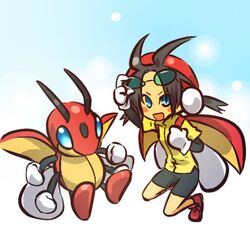  ahoge antenna_hair black_hair blue_eyes blush_stickers cosplay female glasses gloves goggles hair hat hitec human ledian long_hair moemon open_mouth personification pokemon pokemon_(game) pokemon_gsc pok&atilde;&copy;mon raising_glasses shirt shoes shorts wings 