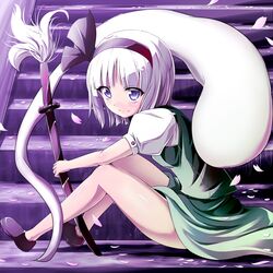  1girl blue_eyes blush hairband highres hitodama katana kayama_kenji konpaku_youmu konpaku_youmu_(ghost) petals sheath sheathed short_hair silver_hair sitting smile solo sword touhou weapon 