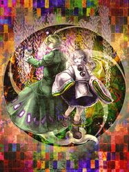  2girls blue_eyes dress ghost_tails hat highres kitayuki_kajika long_hair mononobe_no_futo multiple_girls ponytail silver_hair size_difference soga_no_tojiko tate_eboshi touhou 
