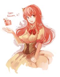  1girl breasts cake corset doomfest dress food happy_birthday long_hair open_mouth pink_hair smile solo yellow_eyes 