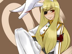  armband artist_request blonde_hair bunny_ears eyepatch highres long_hair rabbit_ears red_eyes siesta00 siesta_sisters sitting smile thigh-highs thighhighs toboshi_ano umineko_no_naku_koro_ni 