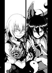  2girls black_hair gloves hakurei_reimu highres judo_fuu kirisame_marisa monochrome multiple_girls ribbon split_screen touhou 