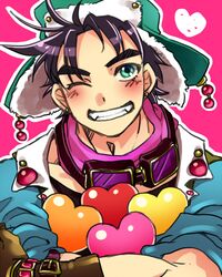  1boy black_hair blue_eyes blue_jacket bomber_hat fangs fingerless_gloves gloves goggles goggles_around_neck grin hat heart jacket jojo_no_kimyou_na_bouken joseph_joestar_(young) nohko scarf smile solo wink 