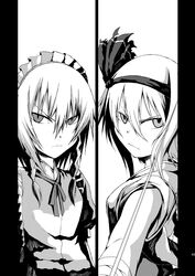  2girls highres izayoi_sakuya judo_fuu konpaku_youmu monochrome multiple_girls ribbon split_screen sword touhou weapon 