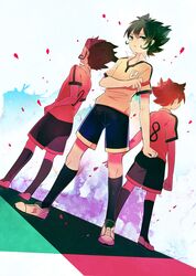  black_hair brown_hair collar fusion green_eyes highres inazuma_eleven_(series) inazuma_eleven_go inazuma_eleven_go_chrono_stone lightning looking_at_viewer looking_away male matsukaze_tenma multiple_boys raimon sekimo soccer_uniform standing tsurugi_kyousuke 