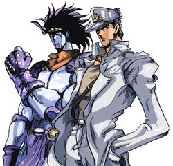 2boys black_hair hands_in_pockets hat jojo_no_kimyou_na_bouken kuujou_joutarou long_coat long_hair multiple_boys patsuki stand_(jojo) star_platinum 