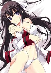  bikini black_hair blue_eyes breasts infinite_stratos large_breasts long_hair lying ponytail shinonono_houki solo swimsuit swimsuit_under_clothes uniform yamaki_suzu 