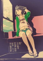  1girl adjusting_hair arm_support artist_name black_hair clouds flip-flops hoodie looking_away midriff navel original pomodorosa reflection sandals short_hair shorts sitting sky solo train train_interior window 