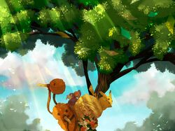  bouquet clouds doduo flower flowers hat kutta light pikachu pokemon pokemon_rgby pokemon_special pokemon_yellow rattata sky straw_hat tree yellow_(pokemon) 