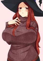  breasts curvy dragon's_crown dragon's_crown hat highres huge_breasts lipstick long_hair red_eyes red_hair redhead simple_background solo sorceress sorceress_(dragon's_crown) sorceress_(dragon's_crown) sweater turtleneck upper_body v_(artist) vanillaware witch witch_hat 