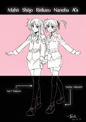 2girls absurdres aki_(neyuki41028) alternate_legwear belt character_name copyright_name dated engrish fate_testarossa hair_down hair_ribbon highres holding_hands long_hair long_sleeves lyrical_nanoha mahou_shoujo_lyrical_nanoha mahou_shoujo_lyrical_nanoha_a's military military_uniform multiple_girls ranguage ribbon shoes short_twintails signature skirt smile socks takamachi_nanoha thighhighs twintails uniform zettai_ryouiki