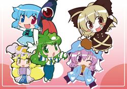  5girls blonde_hair blue_eyes blue_hair blush bow chibi detached_sleeves food fox_tail frog green_eyes green_hair hair_bow hair_ornament hat heterochromia highres japanese_clothes karakasa_obake kochiya_sanae kurodani_yamame long_hair meat mizuki_hitoshi multiple_girls multiple_tails open_mouth pink_eyes pink_hair ponytail red_eyes saigyouji_yuyuko short_hair skirt smile snake tail tatara_kogasa tongue touhou triangular_headpiece umbrella wink yakumo_ran yellow_eyes 