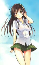  blush breasts brown_eyes cloud haiiroguma hand_in_hair impossible_clothes impossible_clothing impossible_shirt kotegawa_yui long_hair plaid plaid_skirt school_uniform shirt skirt sky solo tartan thigh_gap thighs to_love-ru toloveru wind yabuki_kentarou 