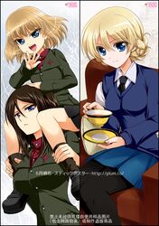  3girls blonde_hair blue_eyes braid breasts brown_hair cup darjeeling girls_und_panzer kanna_(plum) katyusha large_breasts military military_uniform multiple_girls necktie nonna open_mouth pantyhose pleated_skirt school_uniform skirt sweater tea teacup uniform 