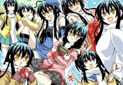  bad_id bakemonogatari black_hair blue_eyes blush book cat_ears cloased_eyes closed_eyes cosplay eyes_closed glasses hanekawa_tsubasa hanekawa_tsubasa_(cosplay) hat horie_yui japanese_clothes kimono long_hair monogatari_(series) multicolored_hair nurarihyon_no_mago ringed_eyes scarf school_uniform seiyuu_connection skirt sleeping tears tenoka_hinata yellow_eyes yuki_onna_(nurarihyon_no_mago) 