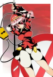  hair_bobbles hair_ornament hat kawashiro_mitori lock original pink_hair red_eyes road_sign short_hair side_ponytail sign skirt solo tama_home touhou 