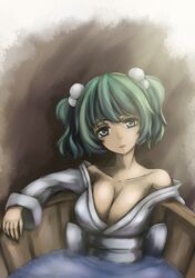  bare_shoulders breasts bucket cleavage edwardkey girl_in_bucket green_eyes green_hair hair_bobbles hair_ornament in_bucket in_container japanese_clothes kisume large_breasts off_shoulder short_hair short_twintails touhou twintails water 