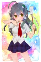  1girl ch1se gohei green_hair highres kochiya_sanae long_hair multicolored_background necktie plaid plaid_skirt school_uniform skirt smile solo touhou unmoving_pattern yellow_eyes 