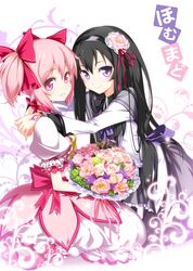  akemi_homura black_hair bouquet flower hair_flower hair_ornament hairband hong_(white_spider) kaname_madoka long_hair magical_girl mahou_shoujo_madoka_magica multiple_girls pink_eyes pink_hair purple_eyes ribbon short_hair short_twintails smile twintails violet_eyes yuri 