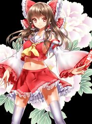  1girl blush bow breasts brown_eyes brown_hair detached_sleeves embellished_costume floral_background hair_bow hair_tubes hakurei_reimu kanzaki_maguro long_hair midriff navel ofuda sideboob skirt smile solo thigh-highs touhou white_legwear wide_sleeves 