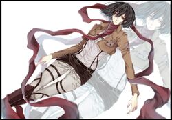  1girl belt black_hair boots emblem jacket mikasa_ackerman nuko_(62ys18) red_eyes scarf shingeki_no_kyojin short_hair solo tagme thigh_strap uniform 