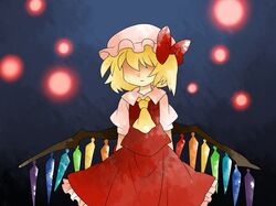  ascot blonde_hair blouse bow comic dress flandre_scarlet frown hair_bow hair_over_eyes hammer_(sunset_beach) hat lights shaded_face shadow_over_eyes short_hair side_ponytail silent_comic skirt solo the_embodiment_of_scarlet_devil touhou wings 