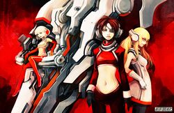  blonde_hair bob_cut cockpit elbow_gloves eyepatch glasses gloves headphones hecatoncheir hironox midriff multiple_girls navel orange_eyes original red-framed_glasses red_eyes red_hair redhead short_hair sitting white_hair 