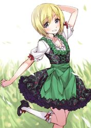  1girl blonde_hair bow dress erica_hartmann frills grass grey_eyes leg_up matsuryuu ribbon short_hair smile socks solo strike_witches 