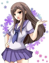 black_hair blush hanasaku_iroha hand_on_hip highres hips long_hair open_mouth school_uniform serafuku solo taka-kun tsurugi_minko 