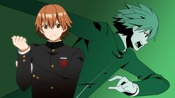  2boys brown_eyes brown_hair dual_persona fate/extra_ccc fate_(series) gakuran magi_the_labyrinth_of_magic male_protagonist_(fate/extra) multiple_boys parody projected_inset school_uniform style_parody yakitori_(oni) 