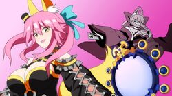  2girls animal_ears breasts caster_(fate/extra) cleavage dual_persona fate/extra_ccc fate_(series) fox_ears fox_tail japanese_clothes magi_the_labyrinth_of_magic mirror multiple_girls ofuda parody pink_hair projected_inset style_parody suiten_nikkou_amaterasu_yanoshisu_ishi tail twintails yakitori_(oni) yellow_eyes 