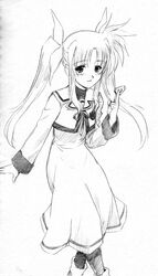  bardiche byeontae_jagga fate_testarossa henshako lyrical_nanoha mahou_shoujo_lyrical_nanoha monochrome pantyhose school_uniform sketch solo twintails 