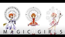  brown_hair card_captor_sakura cardcaptor_sakura child fuuin_no_tsue hair_ornament highres kaname_madoka kinomoto_sakura letterboxed lyrical_nanoha magic_circle magical_girl mahou_shoujo_lyrical_nanoha mahou_shoujo_lyrical_nanoha_the_movie_1st mahou_shoujo_madoka_magica multiple_girls pink_hair raising_heart short_hair short_twintails skirt takamachi_nanoha twintails untn1016 weapon 