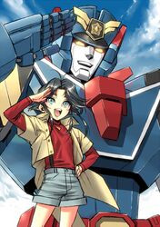  black_hair blue_eyes deckerd happy male mecha open_mouth salute solo suspenders teeth tomonaga_yuuta yorozu yuusha_keisatsu_j-decker yuusha_series 