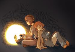  back-to-back brown_hair closed_eyes earrings eyes_closed hat honoboooono jewelry kaze_no_tani_no_nausicaa nausicaa short_hair sleeping studio_ghibli 