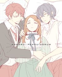  brother_and_sister brothers brown_eyes brown_hair closed_eyes eyes_closed flat_color mawaru_penguindrum red_hair redhead siblings sleeping takakura_himari takakura_kanba takakura_shouma title_drop tuuuh 