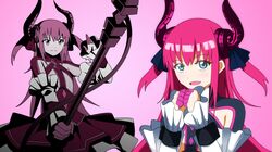  2girls blue_eyes detached_sleeves dress dual_persona fate/extra_ccc fate_(series) horns lancer_(fate/extra_ccc) long_hair magi_the_labyrinth_of_magic multiple_girls parody pink_hair pointy_ears projected_inset style_parody tail two_side_up yakitori_(oni) 