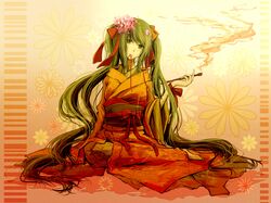  bangs barefoot flower green_eyes green_hair hair_flower hair_ornament hair_ribbon hatsune_miku highres indian_style japanese_clothes juuyonkou kimono kiseru long_hair looking_at_viewer mouth_hold payot petals pipe ribbon sitting smoke solo swept_bangs thread very_long_hair vocaloid wrist_ribbon 